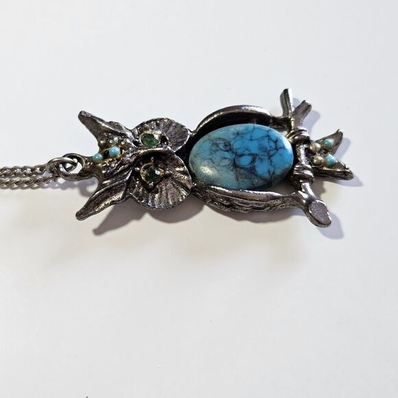 Silver Tone Blue Stone Owl Pendant Necklace 18" Chain - Picture 12 of 13